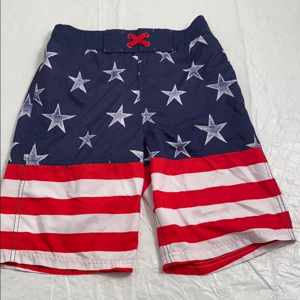 Cat and Jack American Flag red white blue swim trunks L = 12-14